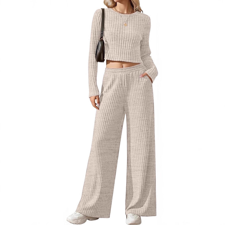 Damen Geripptes Feinstrick-Lounge-Set mit Cropped Langarmtop und High-Waist Palazzohose Echoarchiv