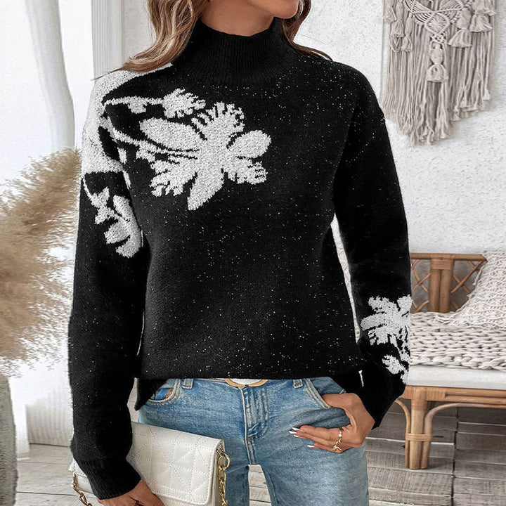 Damen Floraler Intarsia-Strickpullover mit Stehkragen und lockerer Silhouette Echoarchiv
