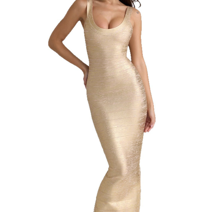 Damen figurbetontes Maxikleid mit schimmerndem Stoff und tiefem Ausschnitt Echo Archiv
