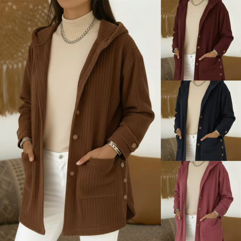 Damen Langer Kapuzen-Strickcardigan mit Rippenstruktur, Knopfleiste und Seitentaschen Echo Archiv