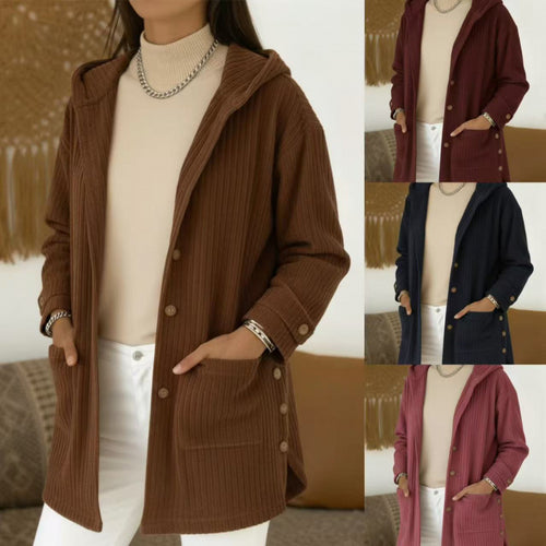 Damen Langer Kapuzen-Strickcardigan mit Rippenstruktur, Knopfleiste und Seitentaschen Echo Archiv