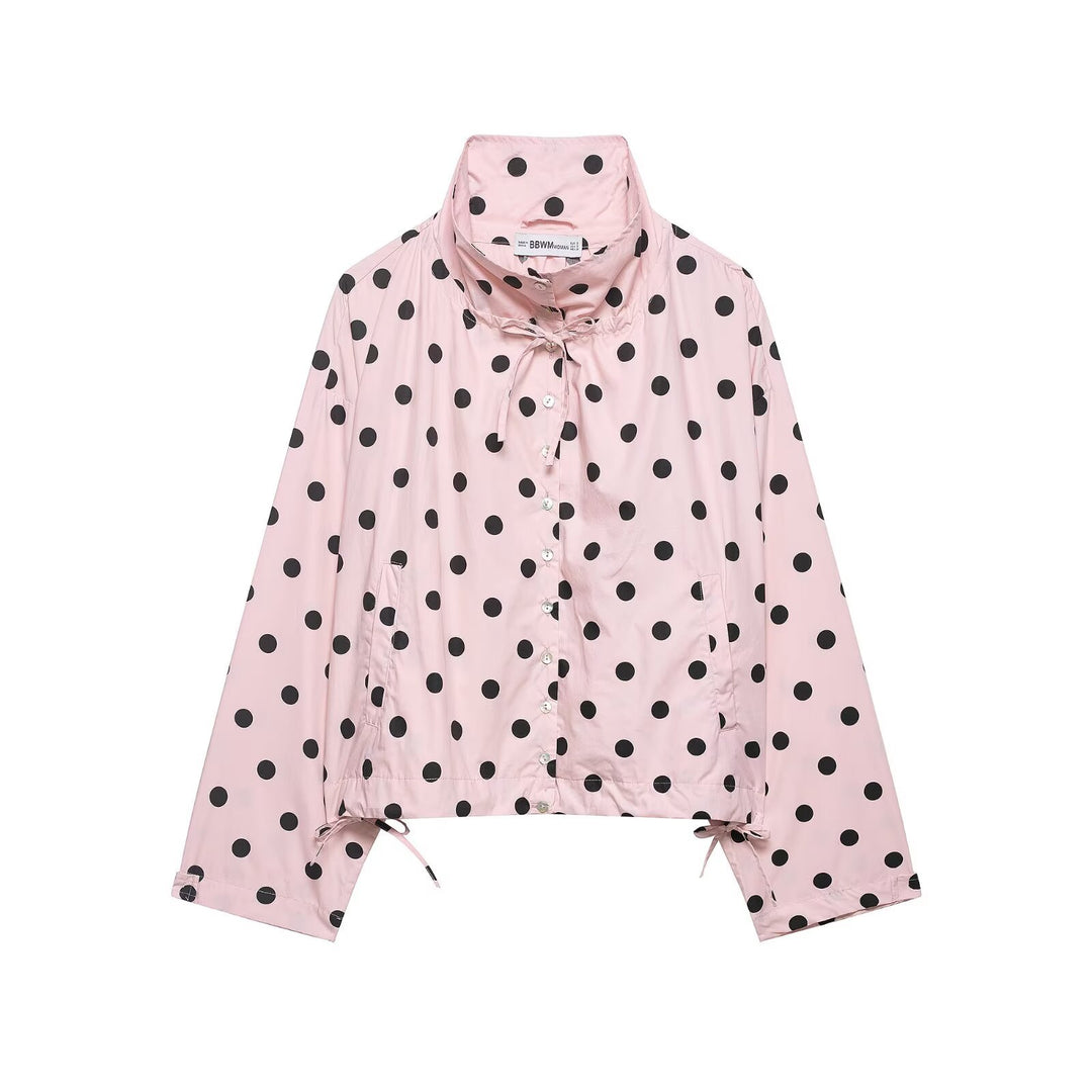Damen Leichte Oversize-Polka-Dot Windjacke mit Stehkragen, Knopfleiste und Kordelzug Echo Archiv
