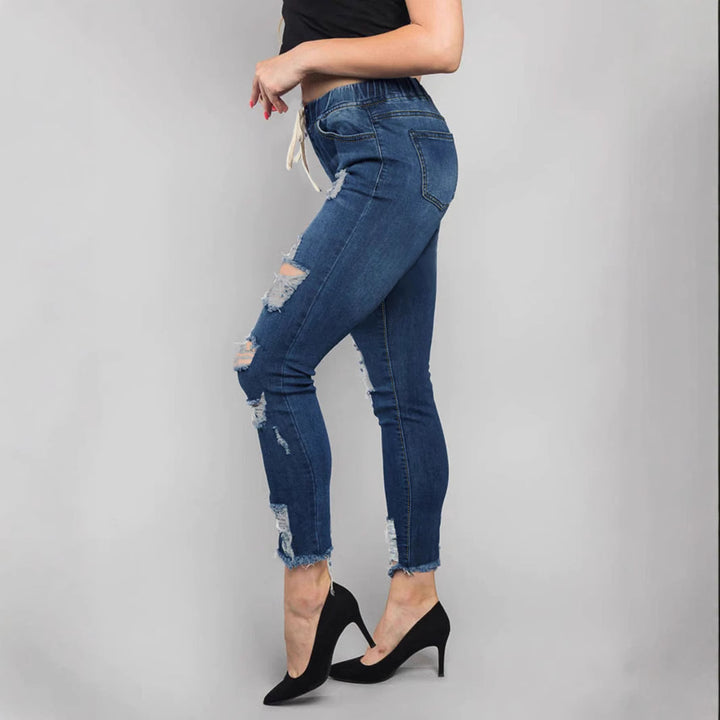 Damen Hochtaillierte Destroyed-Jogger-Jeans mit elastischem Tunnelzugbund und gekürztem Fransen-Saum Echo Archiv
