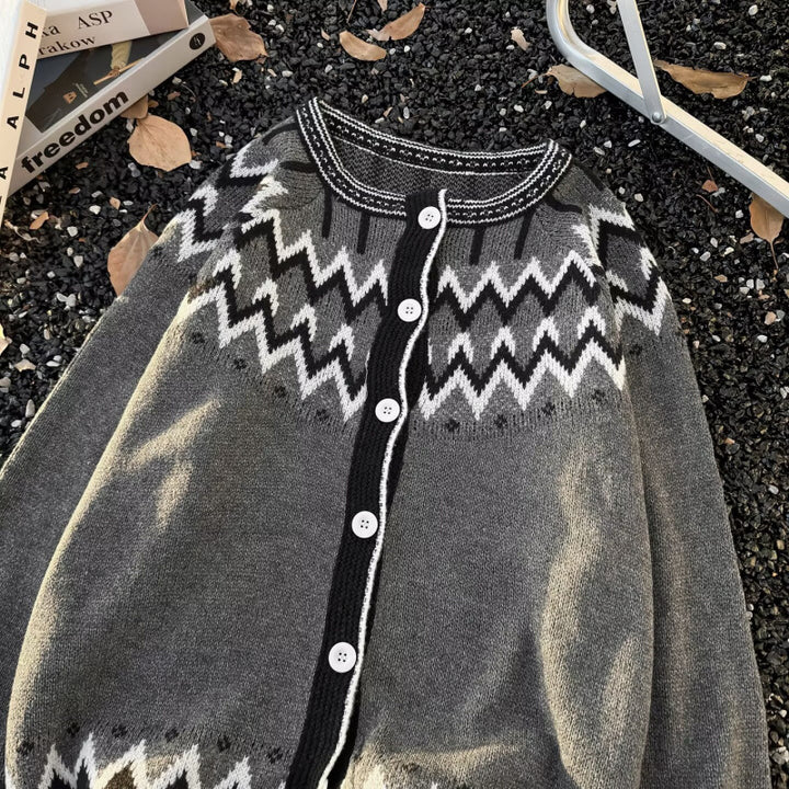 Damen Norweger-Cardigan im Oversize-Schnitt mit Rundhalsausschnitt und Kontrastknopfleiste Echoarchiv