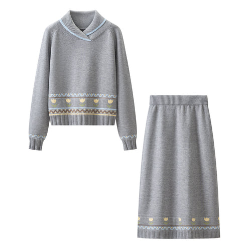 Damen Strick-Set aus Feinstrick mit Schalkragenpullover und hohem Taillen-Midirock Echo Archiv