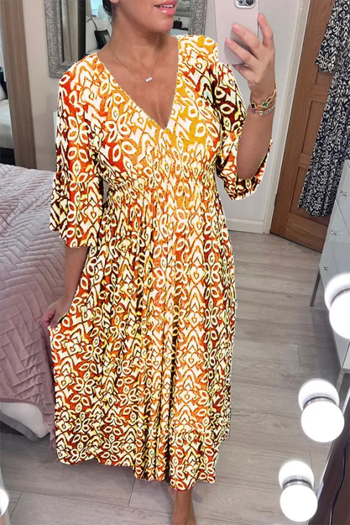 Damen Maxikleid mit V-Ausschnitt und weit ausgestellten Ärmeln Echo Archiv