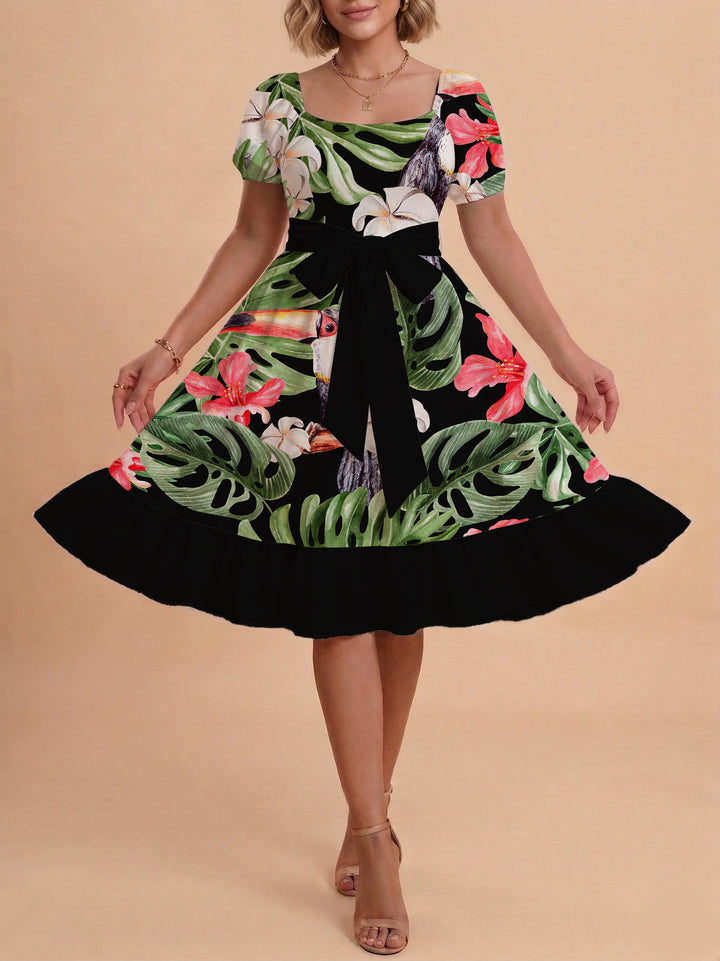 Damen A-Linien-Kleid mit floralen Motiven und taillierbarem Gürtel Echo Archiv