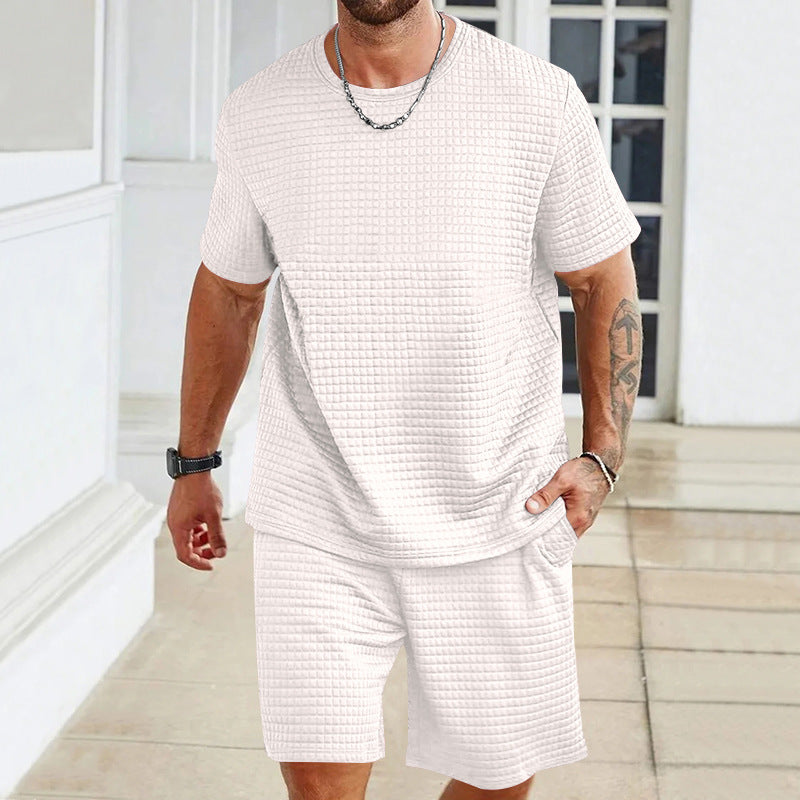 Herren nan leichter Freizeit-Zweiteiler in Waffelstruktur mit Rundhals-T-Shirt und komfortablen Shorts Echoarchiv