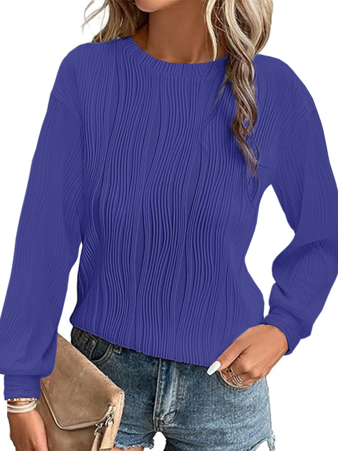 Damen Fein plissiertes Langarmshirt mit Rundhalsausschnitt und strukturierter Wellenoptik – Élovi
