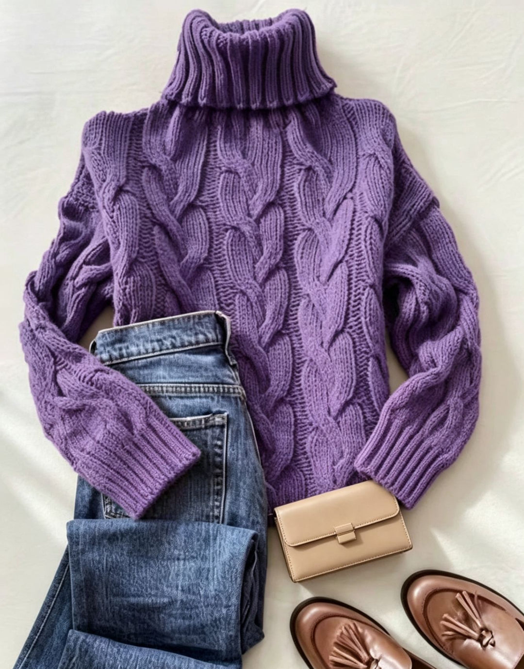 Damen Grobstrick-Rollkragenpullover mit markanten Zopfmustern und gerippten Bündchen – Mavelle
