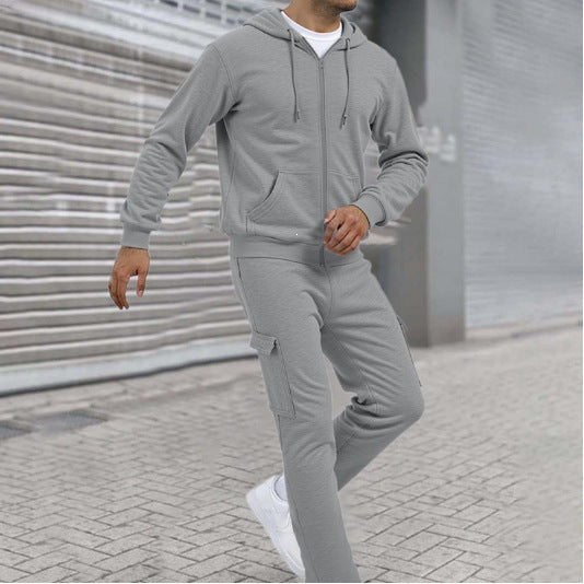 Herren athletischer Zip-Sweatset mit Cargo-Jogginghose, ergonomischen Nähten und gerippten Bündchen – Cavarno