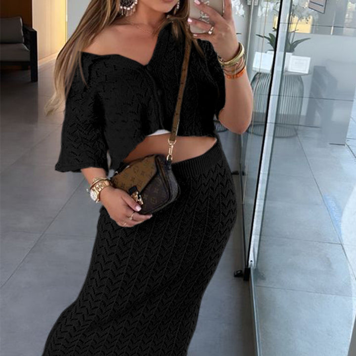 Damen Strick-Kleid mit hohen Seitenschlitzen und modischem Lochmuster Echo Archiv