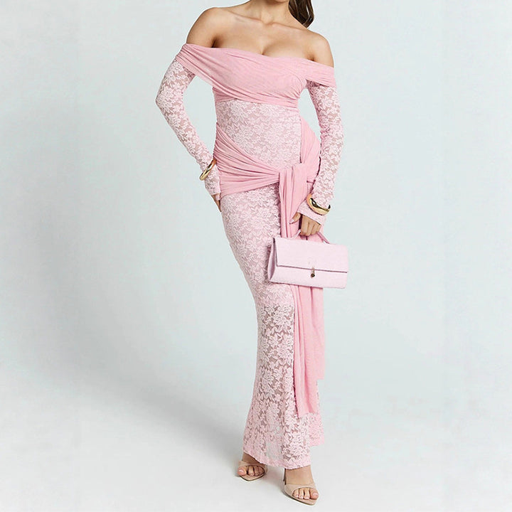 Damen Elegantes Spitzenkleid mit Off-Shoulder-Ausschnitt und Drapierungen Echo Archiv