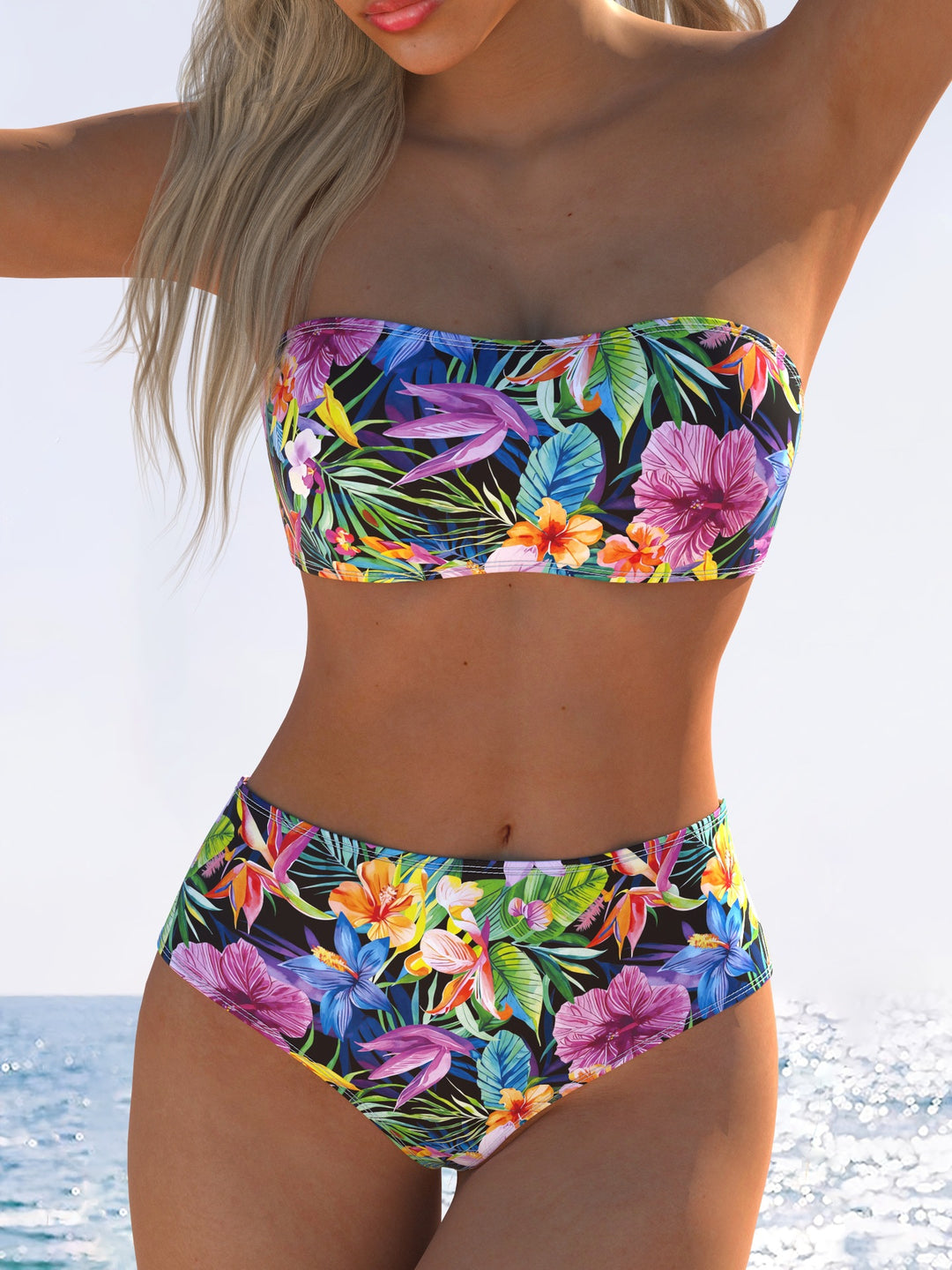 Damen Bandeau-Bikini mit hohem Taillenschnitt und buntem Tropenmotiv Echo Archiv