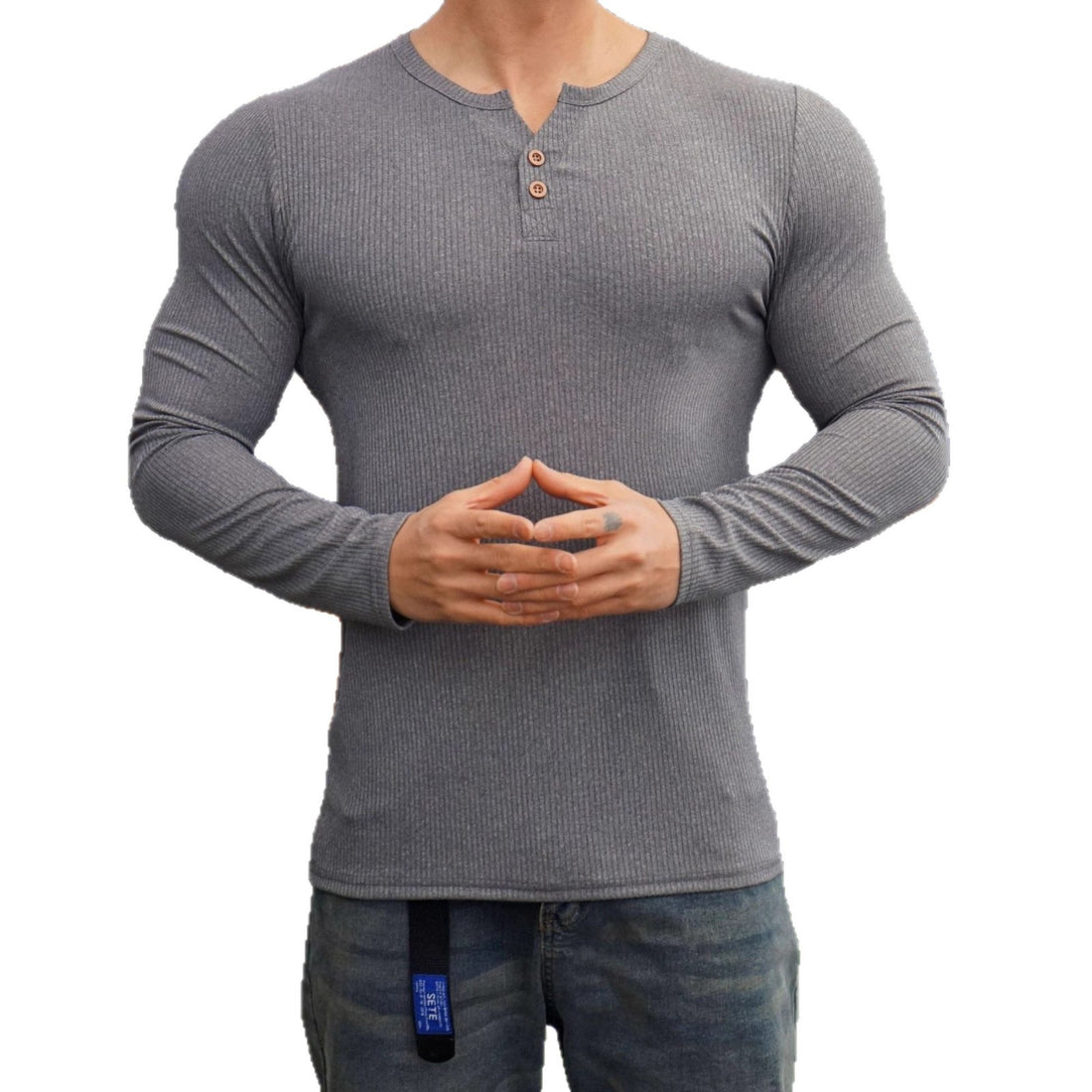 Herren Langarmshirt mit Rippstruktur und Knopfleiste – Arvello