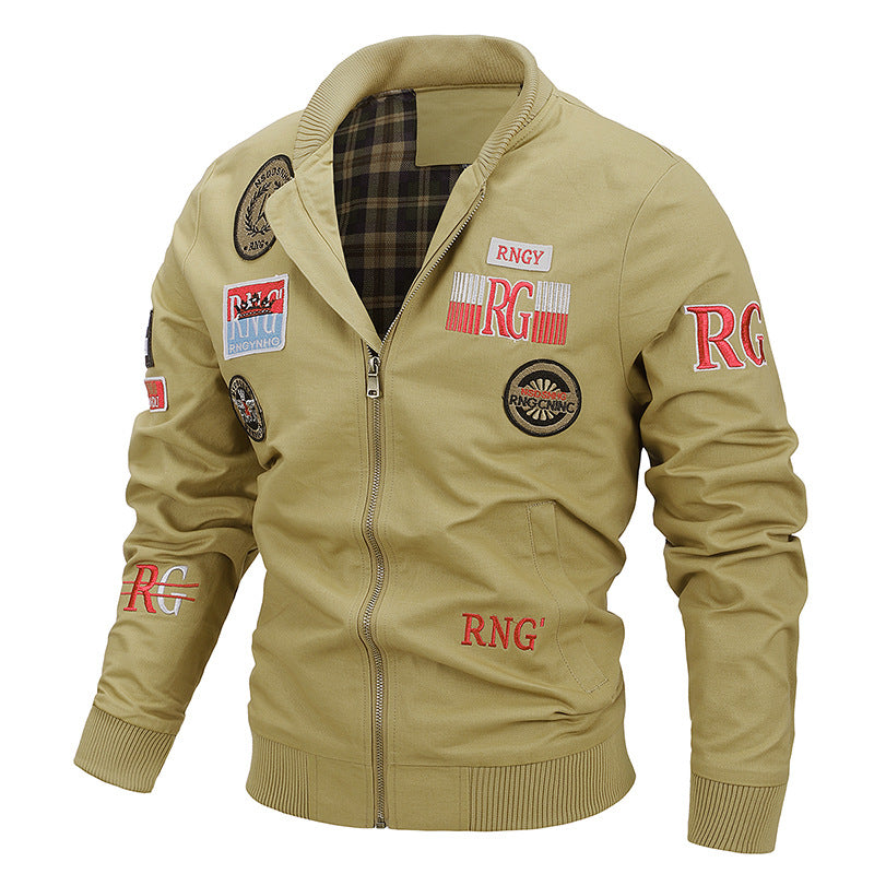 Herren Kanvas‑Bomberjacke mit Vintage‑Patchdetails und gerippten Bündchen Echo Archiv