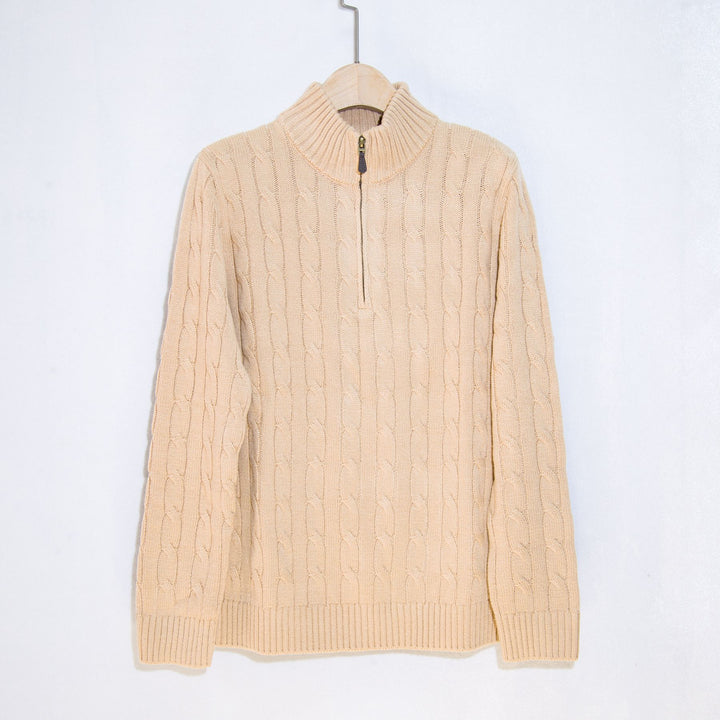 Herren eleganter Strickpullover mit halbem Reißverschluss und Zopfstrickmuster Echoarchiv