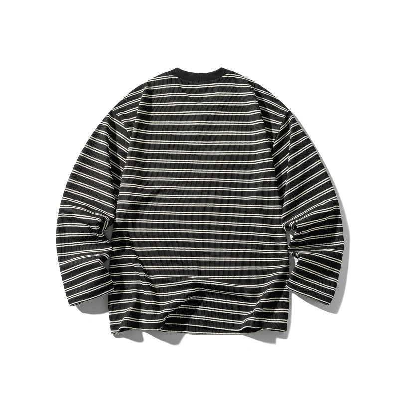 Unisex Gestreiftes Strukturiertes Longsleeve mit Notch-V-Ausschnitt und Rippenstruktur Echoarchiv