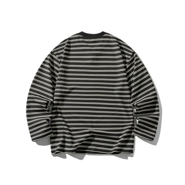 Unisex Gestreiftes Strukturiertes Longsleeve mit Notch-V-Ausschnitt und Rippenstruktur Echoarchiv