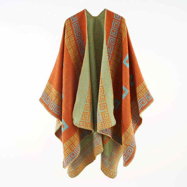 Damen Kastiger Wollmix-Ruana mit kontrastiertem Innenfutter und grafischem Jacquard Echo Archiv