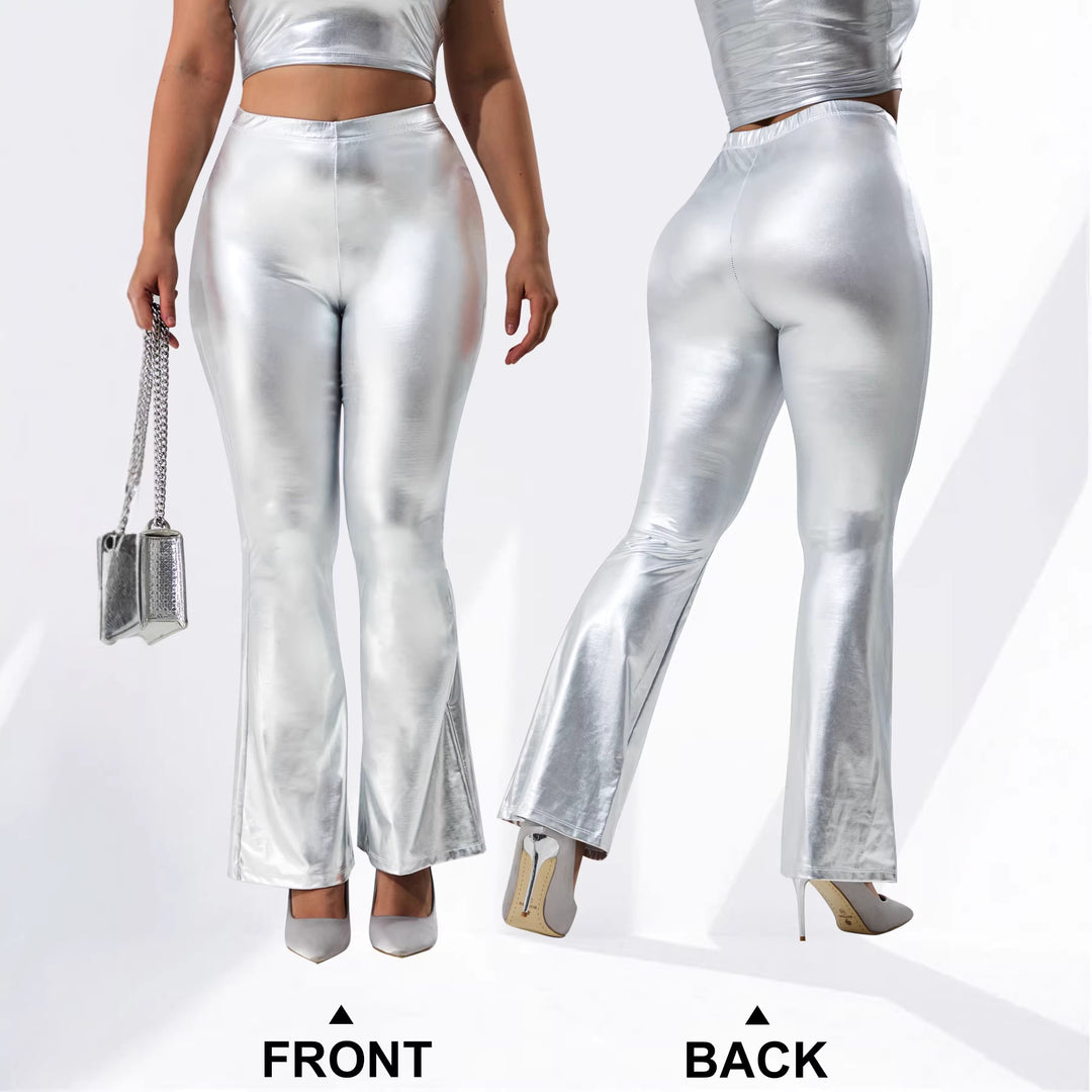 Damen Glänzende High-Waist Schlaghose mit Metallic-Finish echoarchiv-