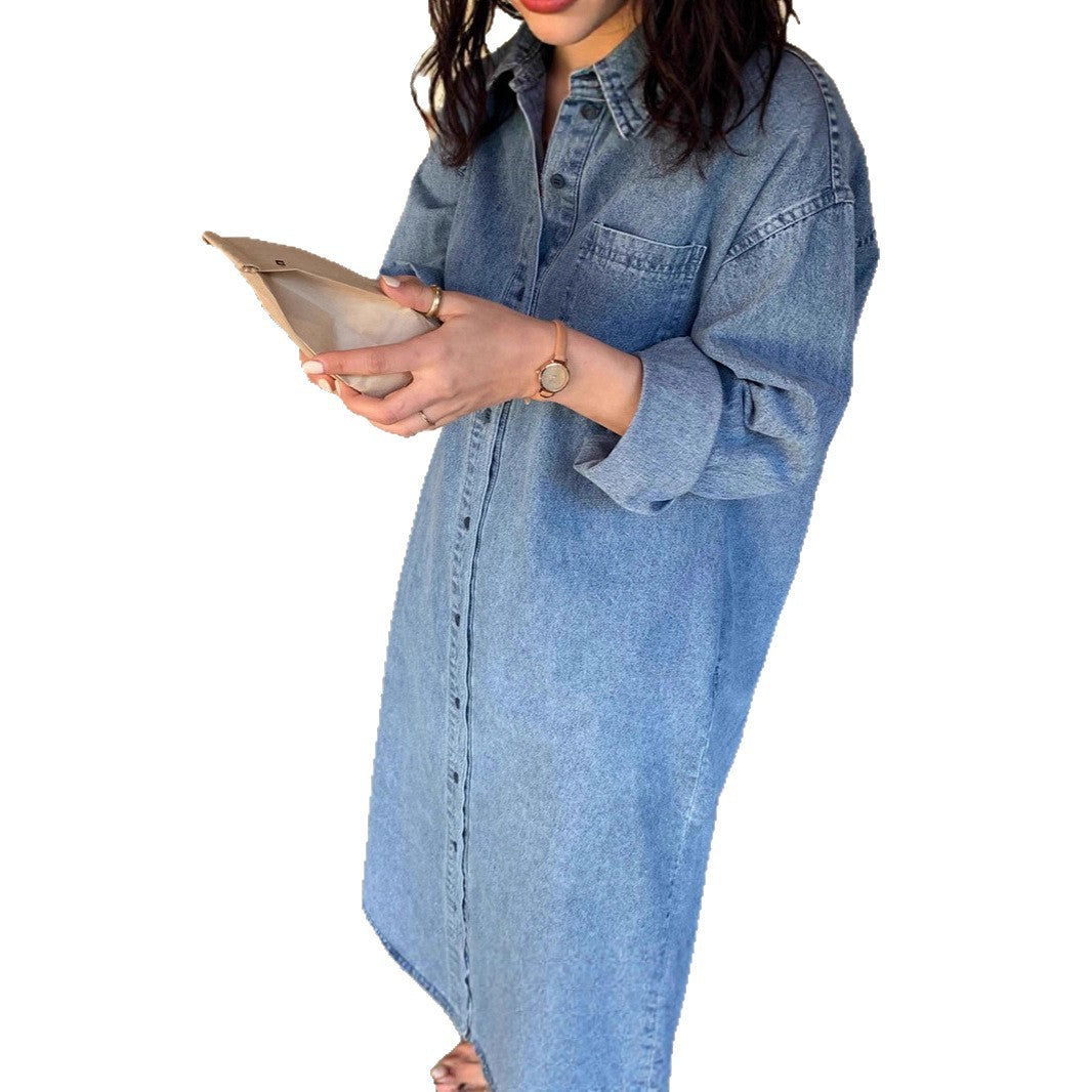 Damen Langes Oversize-Denim-Hemdblusenkleid im washed-Look mit Brusttasche und umgeschlagenen Ärmeln – Valéora