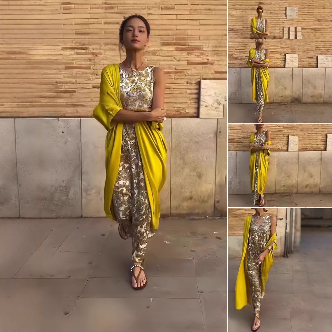 Damen Lange Wickel-Kaftankleid mit ärmellosem Unterkleid und fließendem Overshirt Echoarchiv