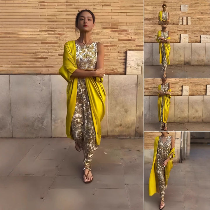 Damen Lange Wickel-Kaftankleid mit ärmellosem Unterkleid und fließendem Overshirt Echoarchiv