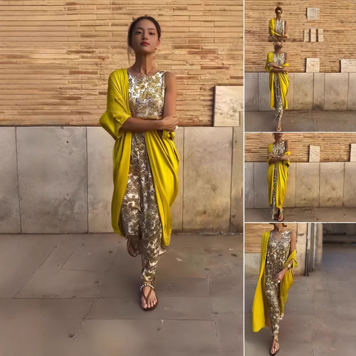 Damen Lange Wickel-Kaftankleid mit ärmellosem Unterkleid und fließendem Overshirt Echoarchiv
