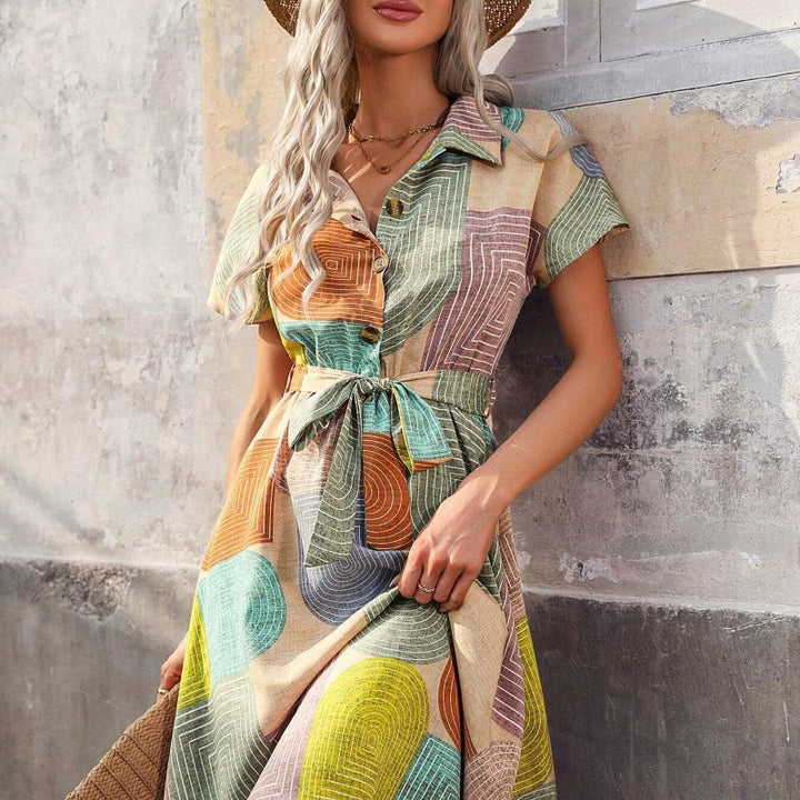 Damen Hemdkleid mit buntem geometrischem Muster und Taillengürtel Echo Archiv
