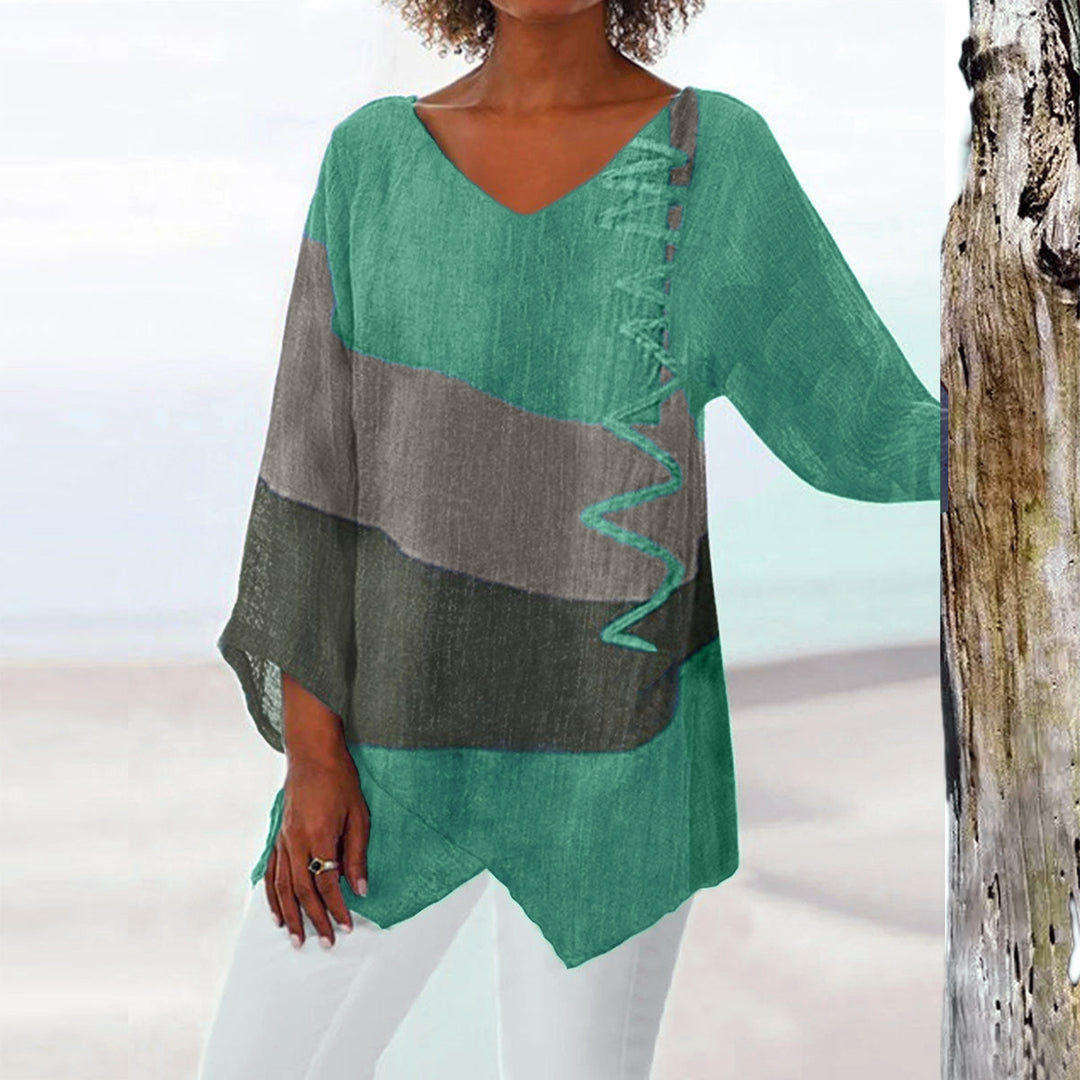 Frauen Casual A-Linien Leinenlook Tunika mit Farbblockstreifen und V-Ausschnitt – Avérine