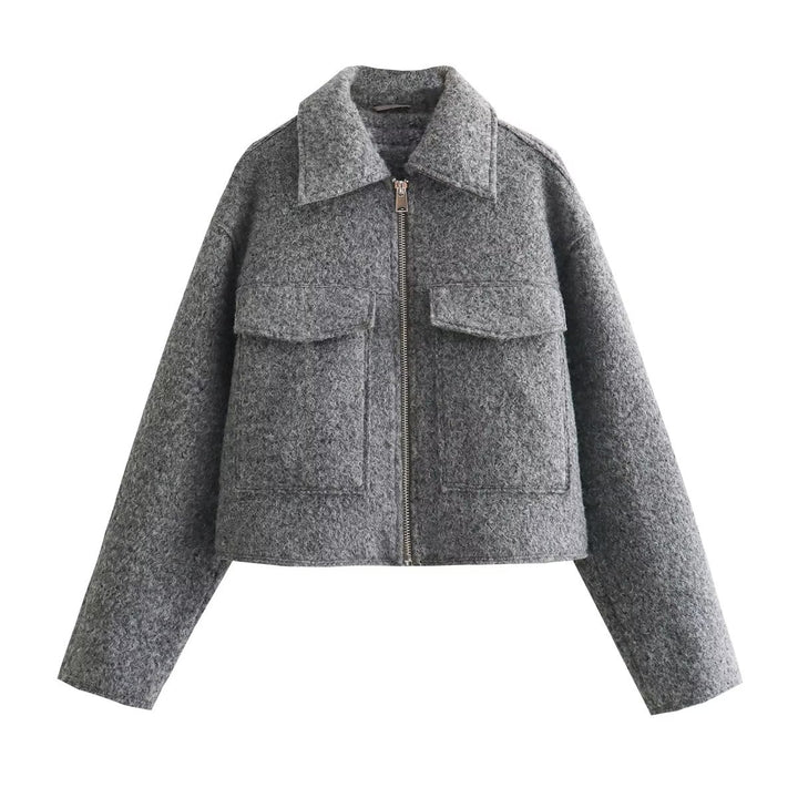 Damen Kurze Wolloptik-Boxyjacke mit Reißverschluss und aufgesetzten Pattentaschen Echo Archiv