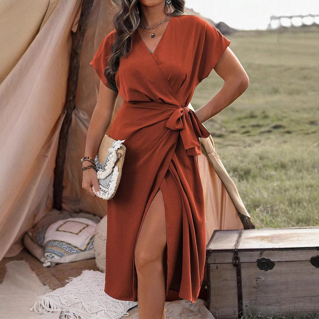 Damen Wickelkleid mit hohem Schlitz und elegantem V-Ausschnitt Echoarchiv