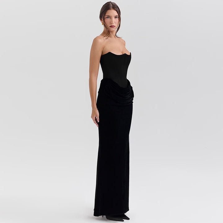 Damen elegantes A-Linien-Maxikleid mit gerafftem Oberteil und trägerlosem Design Echo Archiv