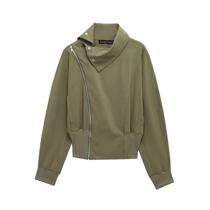 Damen 50+ asymmetrische Utility‑Bomberjacke mit Funnelkragen und breitem Rippenbund Echo Archiv