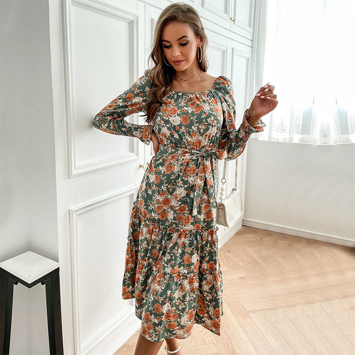 Damen Midikleid mit quadratischem Ausschnitt, Puffärmeln und Taillenschnürung Echoarchiv