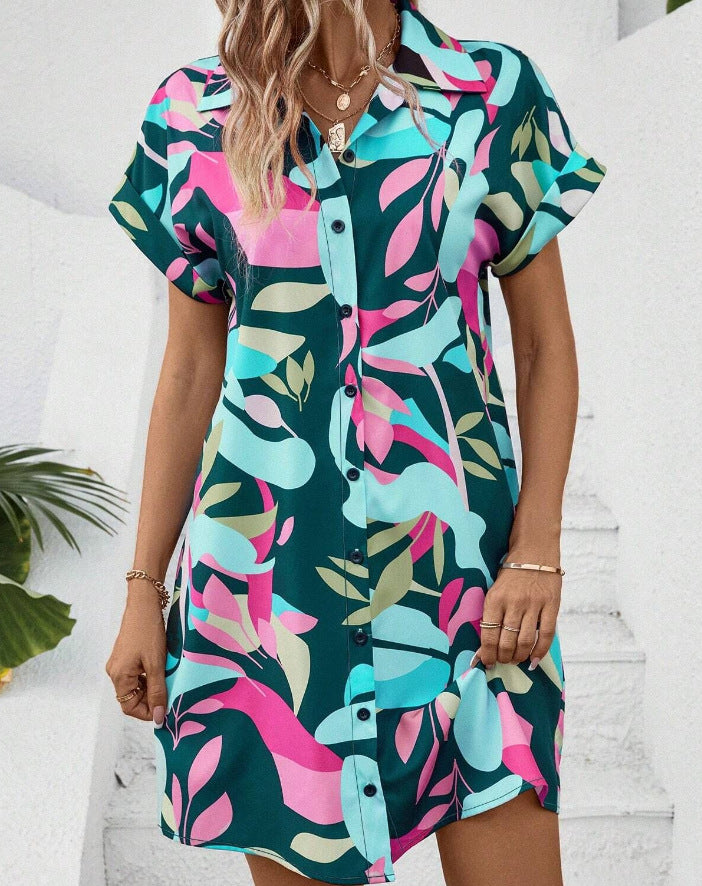 Damen Lockeres Hemdblusenkleid mit Knopfleiste, Reverskragen und floralem Print – Lunéa