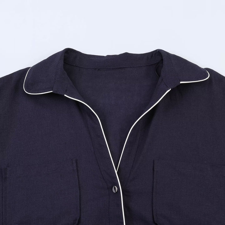 Damen Pyjama-inspirierte Oversize-Hemdbluse mit Kontrastpaspel und Brusttaschen Echo Archiv