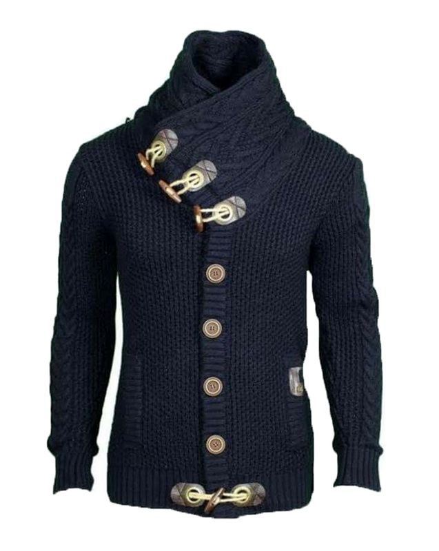 Herren gestrickter Cardigan mit hohem Kragen und modernen Holzknebel Echoarchiv