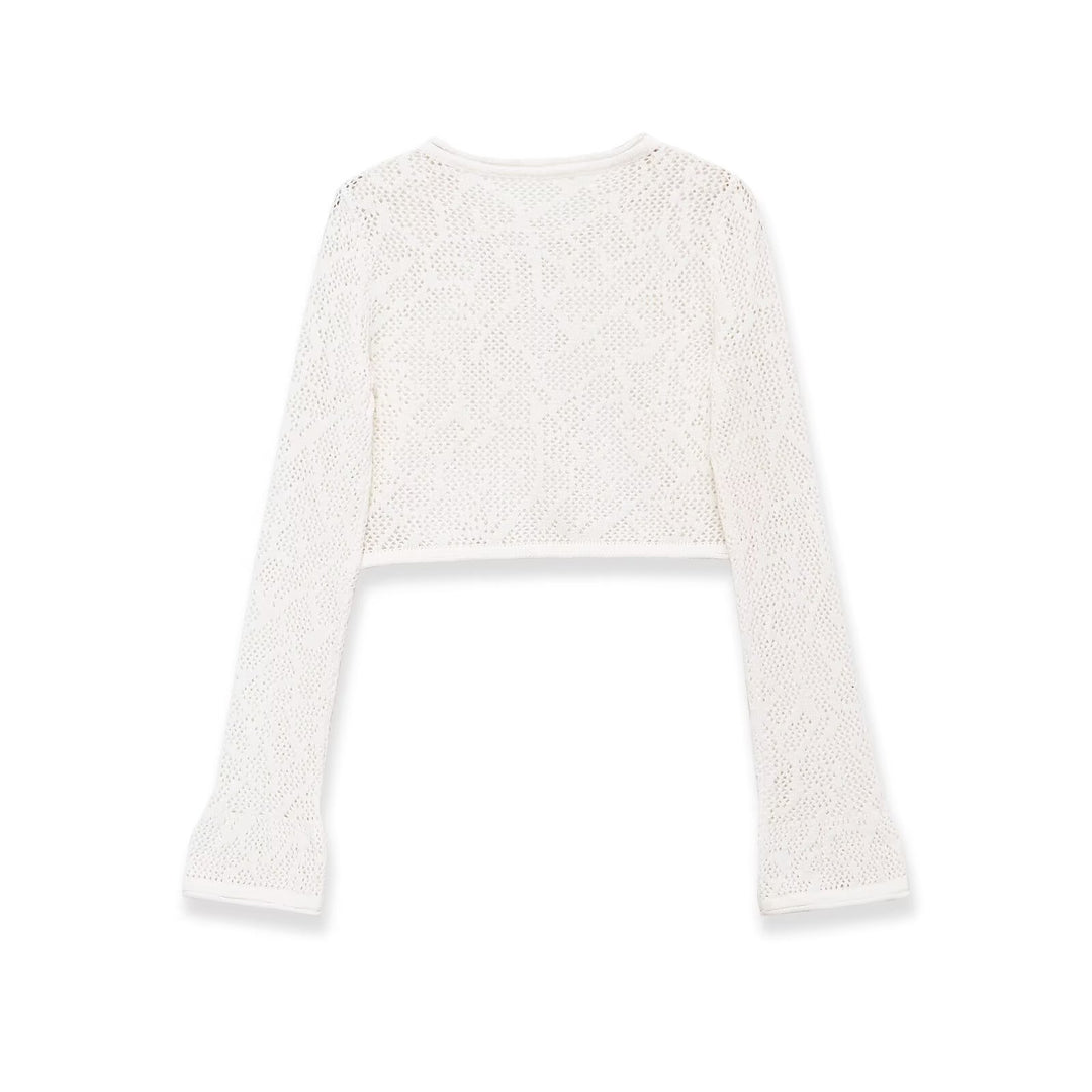 Damen gehäkeltes Cropped-Strickoberteil mit Trompetenärmeln Echo Archiv