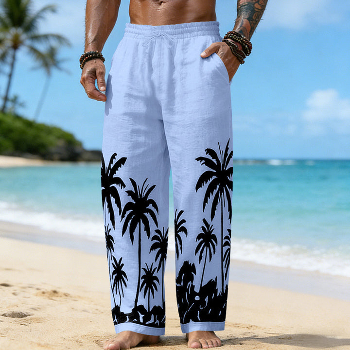 Herren Lässige weite Leinenhose mit elastischem Bund und tonalem Palmenprint – Sorevano