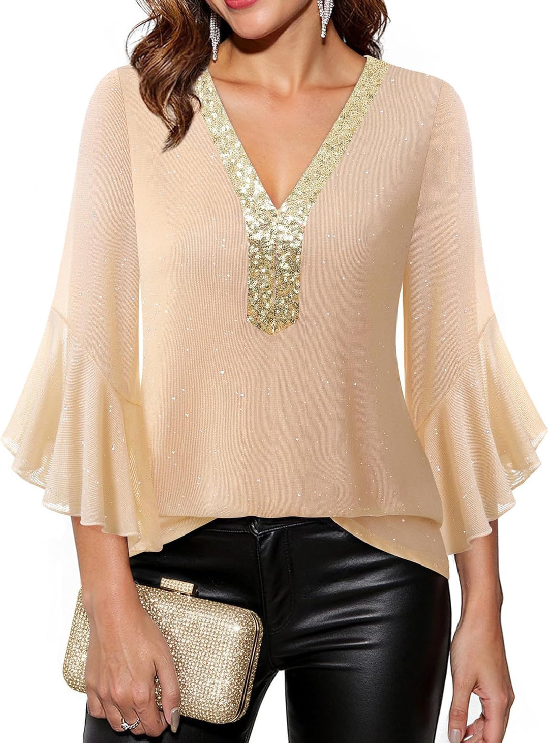 Damen Festliche Mesh-Bluse mit V-Ausschnitt, Paillettenbesatz und Volantärmeln – Élovi