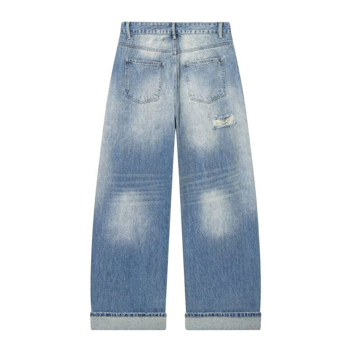 Damen nan weite High‑Waist Ripped Jeans mit Straight‑Leg, aufgekrempeltem Saum und klassischen Taschen Echo Archiv
