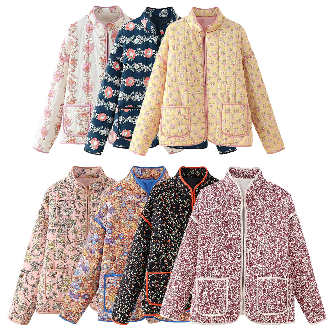 Damen gesteppte Blumenjacke mit Stehkragen Reißverschluss und aufgesetzten Taschen – Célinea
