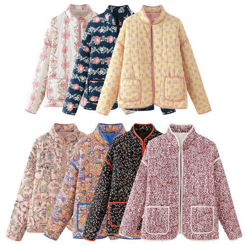 Damen gesteppte Blumenjacke mit Stehkragen Reißverschluss und aufgesetzten Taschen – Célinea