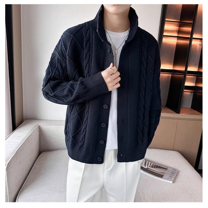 Herren Lockere Strick-Cardigan mit hohem Stehkragen und Zopfmuster Echoarchiv
