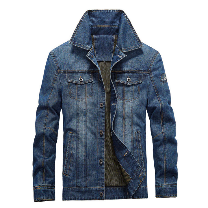 Herren Jeansjacke im Worker‑Look mit Stehkragen, Brustpattentaschen und Ziernähten – Denvaro