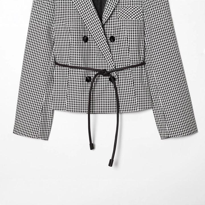 Damen taillierter zweireihiger Blazer mit Kordelzug und kariertem Muster – Valéne