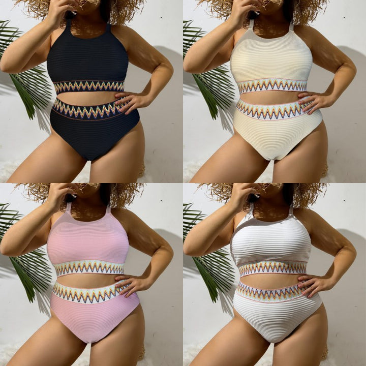 Damen Sportlicher Zweiteiliger Badeanzug mit einzigartigem Cut-Out-Design und buntem Bannermuster Echo Archiv