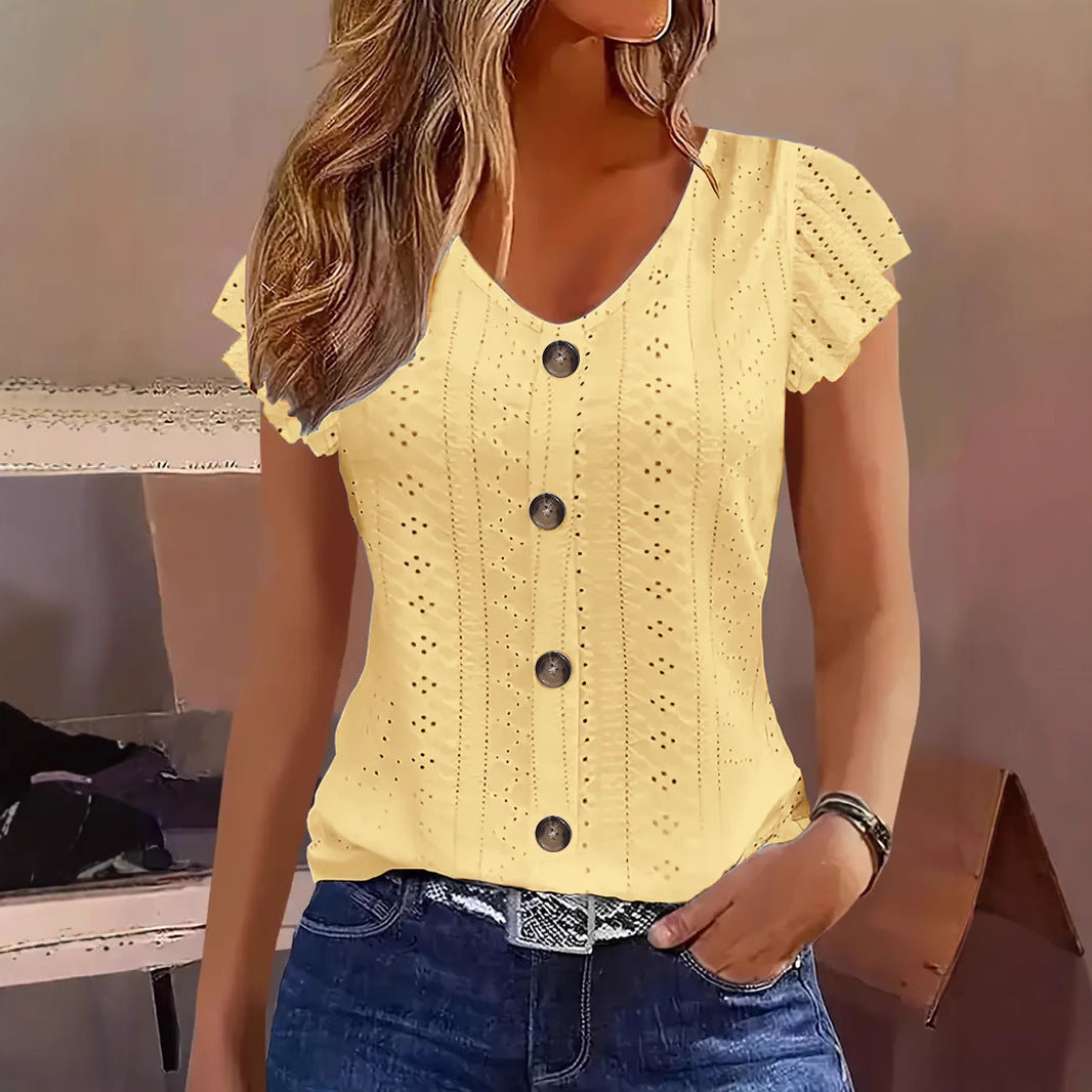 Damen elegante Bluse mit Spitzenmuster und Knopfverzierung Echo Archiv